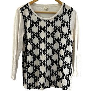 J. Crew Women's Size M Long Sleeve Embroidered Top White Black / FC Read